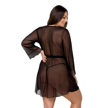 Пеньюар Passion Amberly Peignoir 6XL/7XL black, ажурные декольте и манжеты, широкие рукава