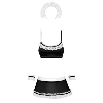 Атласний еротичний костюм покоївки Obsessive Maid set S/M, black, топ, спідниця, стринги, манжети, о