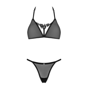 Полупрозрачный комплект Obsessive Celia Noir 2-pcs set XL/2XL, бюстгальтер, стринги