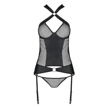 Сетчатый комплект корсет с халтером, съемные подвязки и трусики Amanda Corset black S/M - Passion