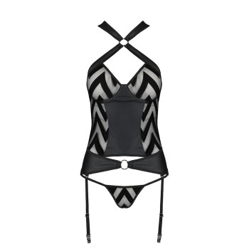 Сетчатый комплект с узором Hima Corset black L/XL - Passion, корсет с халтером, подвязки, трусики