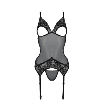 Корсет с подвязками и ажурным лифом Christa Corset black L/XL — Passion, стринги в комплекте
