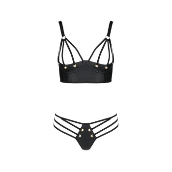 Комплект з екошкіри з люверсами та ремінцями Malwia Bikini black S/M — Passion, бра та трусики