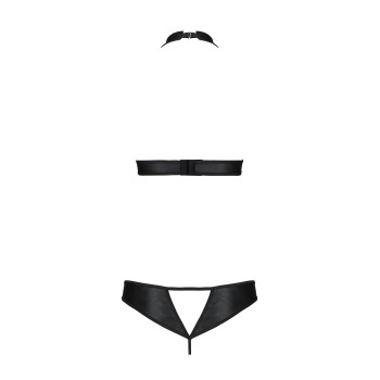 Комплект: відкритий топ та трусики з екошкіри з люверсами Malwia Set with Open Bra black S/M — Passi