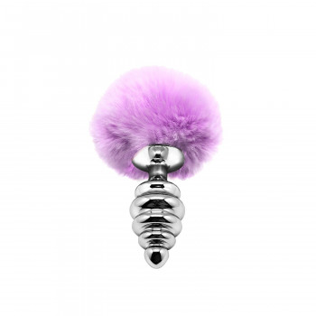 Металева анальна пробка Кролячий хвостик Alive Fluffy Twist Plug M Purple, діаметр 3,4 см
