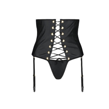 Пояс-корсет из экокожи CELINE SET black S/M — Passion: шнуровка, съемные пажи для чулок, стринги