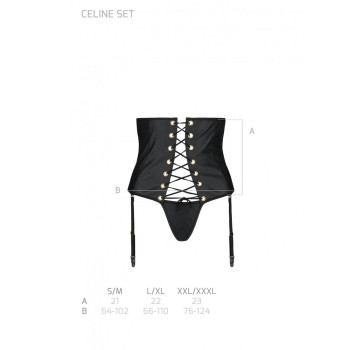 Пояс-корсет из экокожи CELINE SET black S/M — Passion: шнуровка, съемные пажи для чулок, стринги