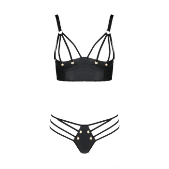 Комплект из экокожи Passion Malwia Bikini 4XL/5XL black, с люверсами и ремешками, бра, трусики