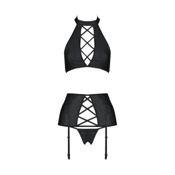 Комплект з екошкіри Passion Nancy Set 4XL/5XL black, імітація шнурівки, топ, пояс для панчіх