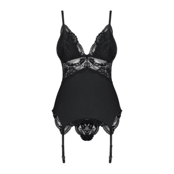 Сатиновый кружевной корсет Obsessive 810-COR-1 babydoll & thong L/XL, черный, корсет, танга