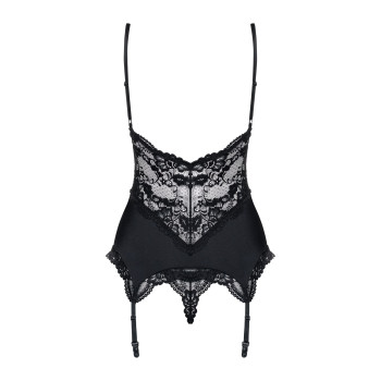 Сатиновый кружевной корсет Obsessive 810-COR-1 babydoll & thong L/XL, черный, корсет, танга