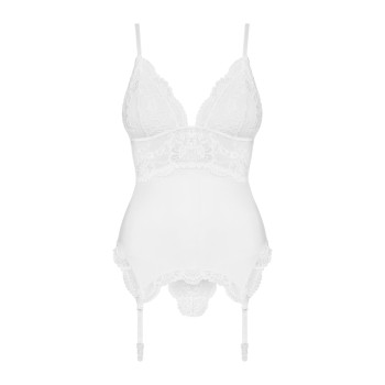 Сатиновий мереживний корсет Obsessive 810-COR-2 babydoll & thong S/M, білий, корсет, танга