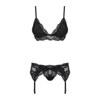 Кружевной комплект белья Obsessive 810-SEG-1 L/XL Black, бюстгальтер, стринги, пояс для чулок