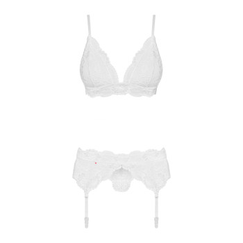 Мереживний комплект білизни Obsessive 810-SEG-1 L/XL White, бюстгальтер, стрінги, пояс для панчіх