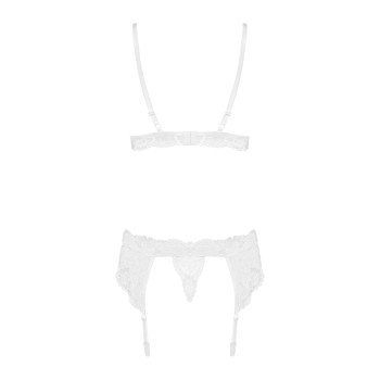 Мереживний комплект білизни Obsessive 810-SEG-1 L/XL White, бюстгальтер, стрінги, пояс для панчіх