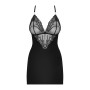 Сатиновый комплект для сна с кружевом Obsessive 828-CHE-1 chemise & thong S/M, черный, сорочка, стри
