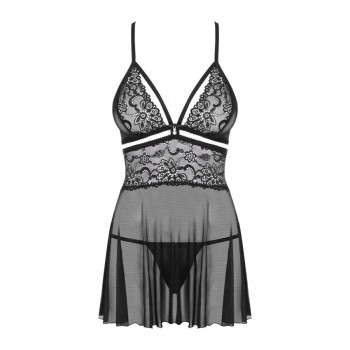 Еротичний мереживний комплект із сіточкою Obsessive 838-BAB-1 babydoll & thong black XXL, чорний, пе