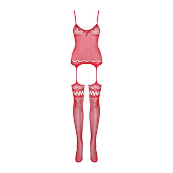 Бодистокинг Obsessive Bodystocking F214 red S/M/L, имитация корсета и чулок на подвязках