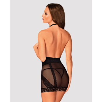 Полупрозрачная сорочка с открытой грудью Obsessive Lacrisia chemise M/L, черная, с чокером