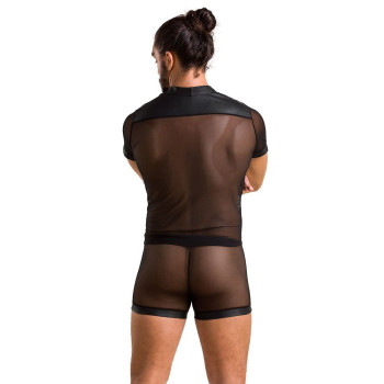 Комплект сетчатого мужского белья Passion 052 Set Michael L/XL Black, рубашка, боксеры, заклепки