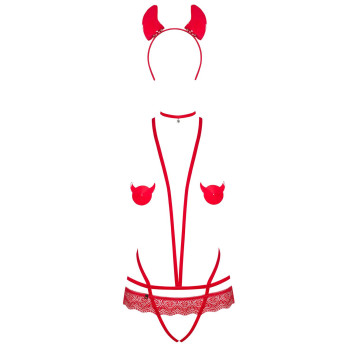 Еротичний костюм чортика зі стреп Obsessive Evilia teddy red S/M, боді, чокер, накладки на соски, об