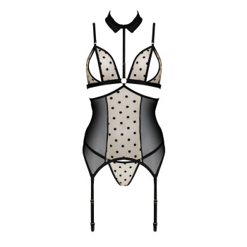 Корсет з відкритими грудьми Passion DOMINICA CORSET S/M beige, пажі для панчіх, стрінги