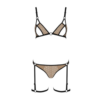 Еротичний комплект спідньої білизни Passion GABI SET XXL/XXXL beige, трусики з гартерами
