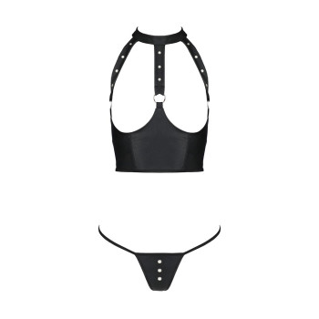 Комплект білизни з відкритими грудьми Passion GENEVIA SET WITH OPEN BRA L/XL black, корсет, стрінги