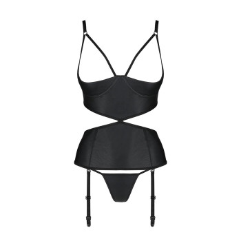 Корсет з відкритими грудьми Passion JANNIES CORSET XXL/XXXL black, стрінги в наборі