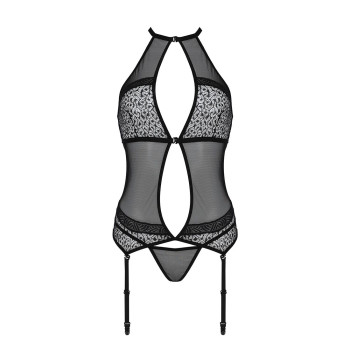 Корсет с пажами Passion SATARA CORSET S/M black, стринги, кружево, застежки спереди и сзади