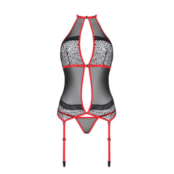 Корсет с пажами Passion SATARA CORSET S/M red, стринги, кружево, застежки спереди и сзади