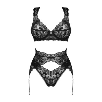Комплект білизни Obsessive Donna Dream 3-pcs set XL/2XL Black, бюстгальтер, стрінги, пояс для панчіх