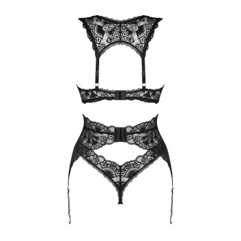 Комплект білизни Obsessive Donna Dream 3-pcs set XL/2XL Black, бюстгальтер, стрінги, пояс для панчіх