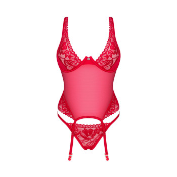 Прозорий корсет Obsessive Lacelove corset M/L Red, мереживо, підв’язки для панчіх