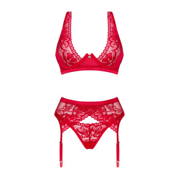 Комплект білизни Obsessive Lacelove cupless 3-pcs set XS/S Red, бюстгальтер, стрінги, пояс для панчі