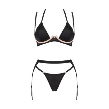 Комплект білизни Obsessive Selinne 3-pcs set M/L Black, бюстгальтер, стрінги пояс для панчіх