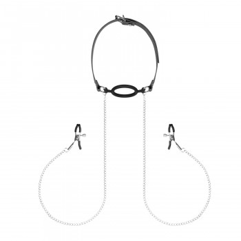 Зажимы для сосков с кляпом Bedroom Fantasies Nipple Clamps & Silicone Gag Ring
