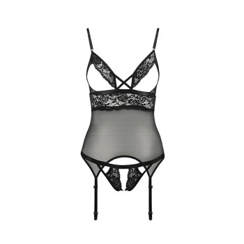 Корсет с открытой грудью DIABOLINA CORSET black S/M - Passion, пажи, трусики, полупрозрачный