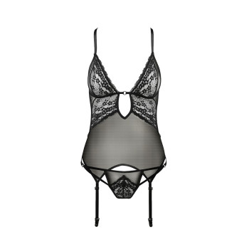 Корсет з декольте ERZA CORSET black S/M - Passion, пажі, трусики, напівпрозорий