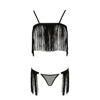Комплект білизни KASSANDRA SET OpenBra black S/M - Passion Exclusive: ліф з бахроми, трусики-спідниц