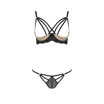 Комплект білизни Passion VALERY SET S/M Black, стрепи, мереживо, відкриті груди, стрінги